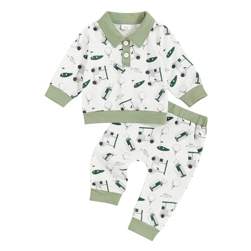 Image of SAYOO Toddler Baby Boy Golf Outfit Hole in One Embroidery Sweatshirts Top Plaid Long Pants Set 2Pcs Golf Theme Fall Clothes