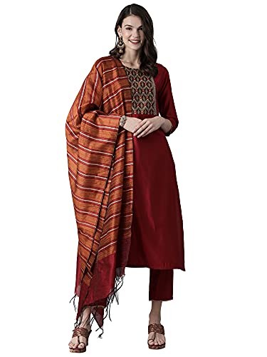 Image of INDO ERA Women's Solid Viscose Straight Kurta Palazzo With Dupatta Set(KD9RD2126)