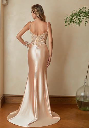 ForElise Spaghetti Strap Satin Prom Dresses 2025 Long Mermaid Lace Applique Corset Evening Gown with Slit4