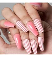 GLAMERMAID Press on Nails Coffin Long,Pink Medium Length False Nails with Design,24 Pcs Glue on N...
