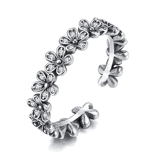 Bague ouverte zircon incrusté et fleurs vintage en argent S925 pour femme