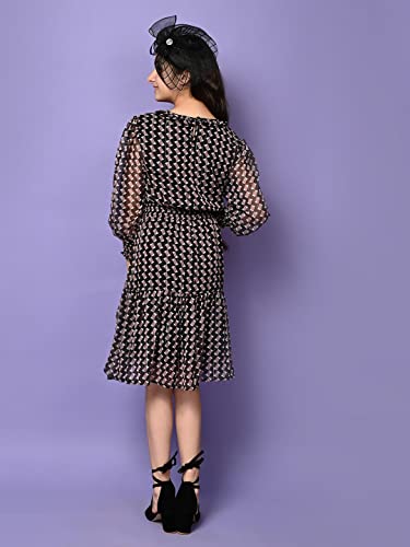 Image of LILPICKS Girls All Over Printed Drop Waist Long Sleeve Dress (Black Purple)