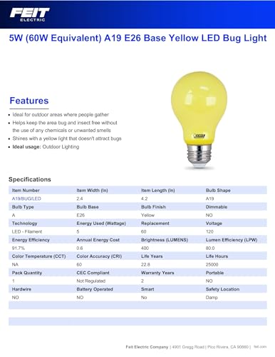 Feit Electric A19/BUG/LED Outdoor Led Bug Light, 60-Watt Equivalent, Non-Dimmable Led Light Bulb thumb #1
