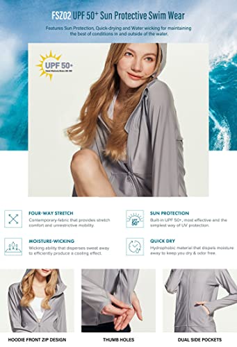 Tsla Women's Hoodie Zip Front Rash Guard, Upf 50+ Long Sleeve Swim Shirts, Uv/Spf Sunscreen Wetsuit Swimsuit Top, Sun Block Zip Hoodie Light Grey, Large #TOP4