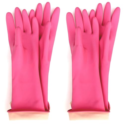 Image of Pink Rubber Household Cleaning Gloves, Long Cuff, Waterproof, Reusable, Dishwashing and Kitchen Use