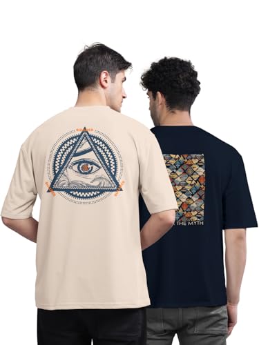 Image of BULLMER Trendy Front and Back Printed Oversized Round Neck T-Shirt for Men - Pack of 2