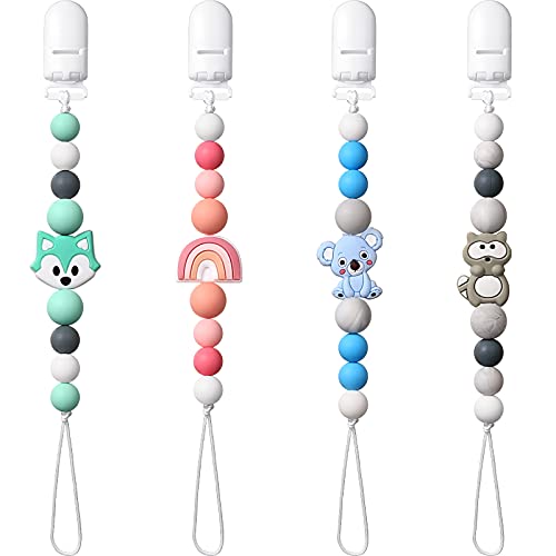 Nuanchu 4 Pieces Pacifier Clip for Baby Animal Pacifier Clip Holder Silicone Beads Teether Toys Silicone Pacifier Strap with Clip Beads Pacifier Clip Chain for Baby Boys and Girls