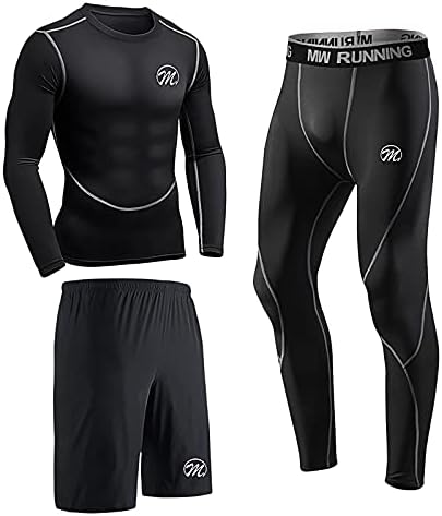 Men’s 5pcs Gym Sports Fitness Set Quick Dry Workout Clothing Long Sleeve Baselayer Shirt+Hoodies+ Running Leggings+ Short Sleeve T-Shirt+ Compression Short