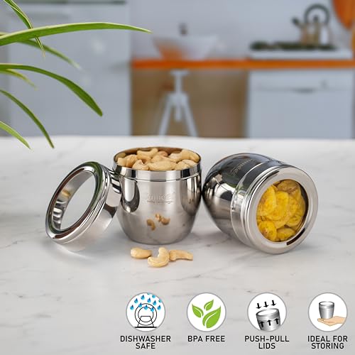 Image of Sumeet Stainless Steel Conical Shape Canisters /Dabba /Storage Containers for Kitchen with See Through Lid, Set of 2 Pcs, 500ml Each, 9cm Dia, Silver