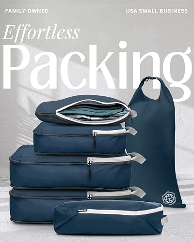 Compression Packing Cubes for Travel - Luggage and Backpack Organizer Packaging Cubes for Clothes by TRIPPED Travel Gear, Nautical Navy (Navy Blue and White), 6 Piece