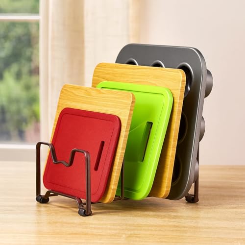 Image of Craft Expertise Black Iron 3-Slot Pan & Pot Rack Organizer - Countertop Plate Stand, Lid Holder, Chopping Board & Dish Storage Rack (9 x 8.75 x 7 Inches)