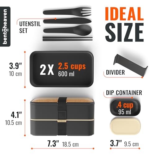 Original Bento Heaven Bento Box +Free Fun Lunch Notes, Cutlery, Chopsticks,4 Color Options Premium Leakproof Lunch Box For Adults & Kids (Bamboo Black)