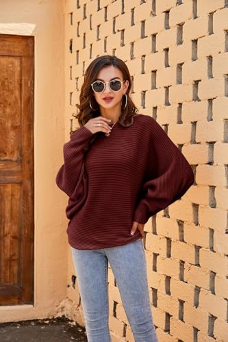Fessceruna Damen Pullover Oversize Fledermausärmel Strickpullover Winter Rundhals Pulli Geripptes Sweatshirt(Weinrot, L)