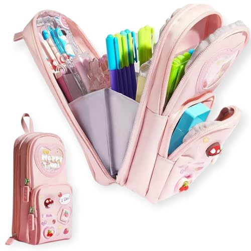 Image of Premium Canvas Pencil Case Hang able 6 Layer with 3 Compartment, Cute Aesthetic Pencil Case for Girls, Large Capacity Pencil Pouch, Cute Stationary Gift for Kids (Happy Times - Pink)