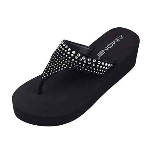 AIMONE-Muriel Women Wedge Heel Flip Flops Comfy Platform Rhinestone Beach Sandals (7 M US, Black)