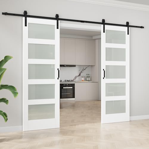 Image of 60 inchx84 inch Frosted Glass Barn Door with 12FT Sliding Hardware & Handle, White | Pre-Drill Holes Double Barn Door For Easy Assembly, Solid Core Wood Sliding Barn Door for Water-Resistant & Sound Reduction