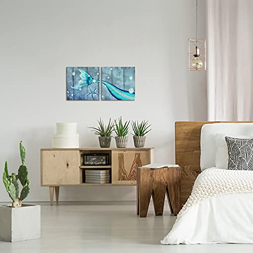 Simiwow Mermaid Wall Art Bathroom Decor Mermaid Decor Pictures Canvas Prints Teal Blue Ocean Wall Art Girl Room Decor Framed Ready To Hang (12"X12"X2 Pieces) #TOP3