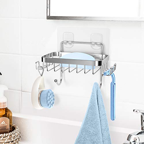 ODesign Soap Dish Holder with 6 Hooks Loofah Bath Sponge Towel Razor Holder for Bathroom Shower Kitchen Adhesive Wall Mounted No Drilling - Stainless Steel (RUSTPROOF)