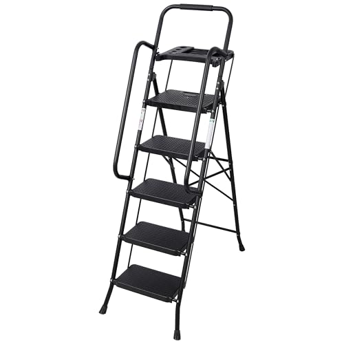 Image of Step Ladder 5 Step Folding, Sturdy Ladder for Home, Lightweight Steps Stool with Top Tool Slot, Portable Steel Ladders with Anti-Slip Pedal and Convenient Handrail, 330 LBS Load Capacity, Black