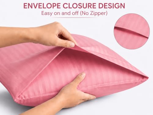 Image of Cotton Solid Striped Pillow Covers | Ultrasoft Breathable Envelope Closure| Pack of 2 Pillow Covers Standard Size (27 x 17 Inches) (Pink)