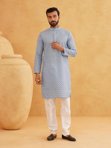 Image of SOJANYA, Men's Cotton Linen Blue Foil Printed Kurta and White Pyjama Set
