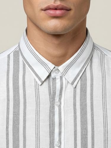Image of Urbano Fashion Men's Cotton Full Sleeve Relaxed Fit Linen Striped Shirt with Spread Collar