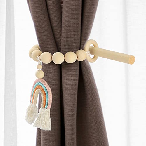 Dniebw Set Of 2 Wood Bead Curtain Tieback, Boho Curtain Holdbacks Rainbow Windows Curtain Tiebacks Drapery Tie Curtain Holdbacks Rope Window Treatment For Farmhouse Decorative #TOP4