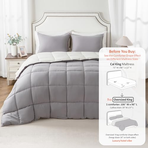 Image of California King Comforter Set, Reversible,Goose Down Alternative,All Season | 250 GSM Fill, Ultra-Soft, Lightweight, Machine Washable, 1 Comforter + 2 Pillow Shams, Gull /Jet Stream