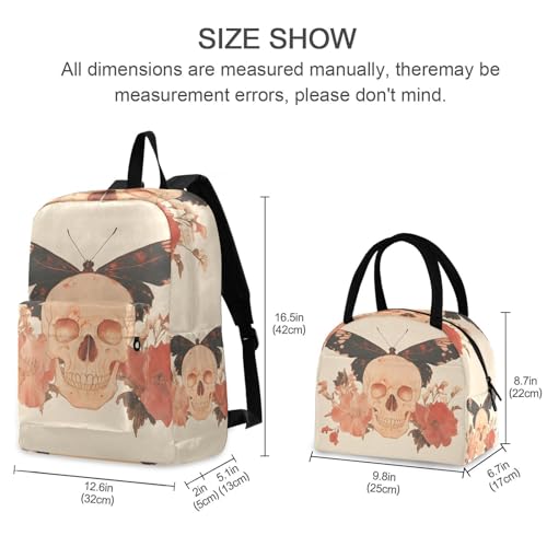 Backpack Lunch Box Set Large Capacity Travel Backpacks and Insulated Lunch Bag for Commute Hiking Picnic Boho Skull Butterfly Print2