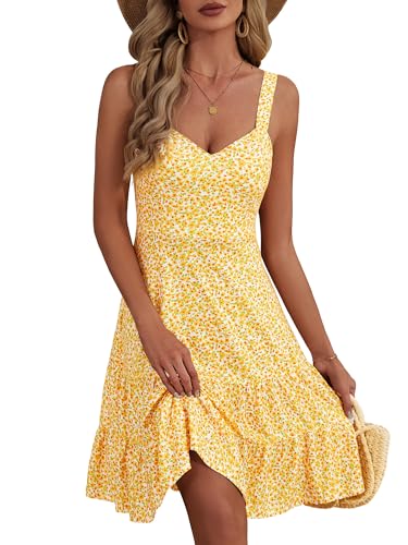 HUHOT Yellow Sundress Casual Summer Dresses for Women Teens Fit and Flare Cottagecore Midi Boho Preppy Homecoming Empire Waist Western Floral Cute Going Out Spring Easter Milkmaid Dress