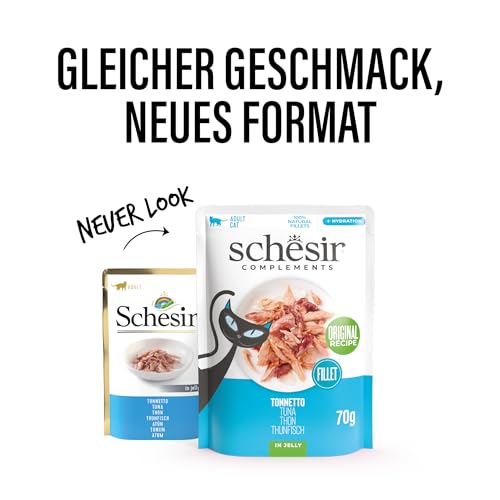 Schesir, Thunfischfilets in Gelee, ergänzendes Nassfutter für Katzen, Originalrezept, 100% natürlich, 12 Beutel à 70 g