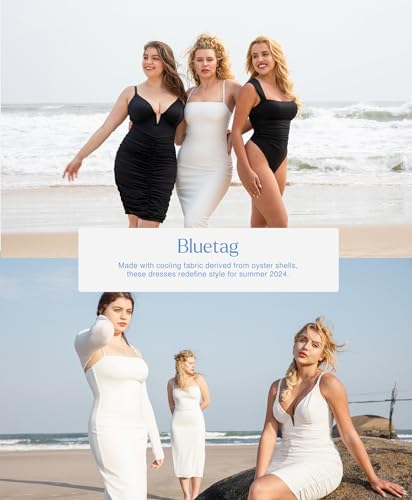 Image of Popilush Corset Midi Dress Deep V-Neck Adjustable Strape Summer Ruched Dresses Tummy Control Built in Shapewear