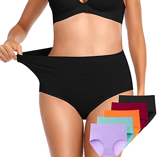 Image of OUENZ Women's Underwear Cotton High Waisted Full Coverage Brief Panties M -5 Pack