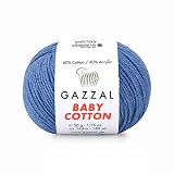 Gazzal Baby Cotton 1.76 Oz (50g) / 150 Yrds (165m) Soft, Fine Baby Yarn, 60% Cotton (Blue - 3431)