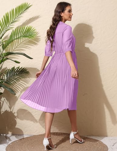 Image of Women V Neck 3 /4 Sleeve Pleated A-Line Dress with Belt Swing Midi Dresses for Spring Summer Autumn