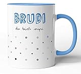 Tasse mit Spruch - Brudi du bist supi - Kaffeetasse Familie Bruder Geschenk-Idee/Tasse zum Geburtstag/Weihnachts-Geschenk (Blau, Bruder)