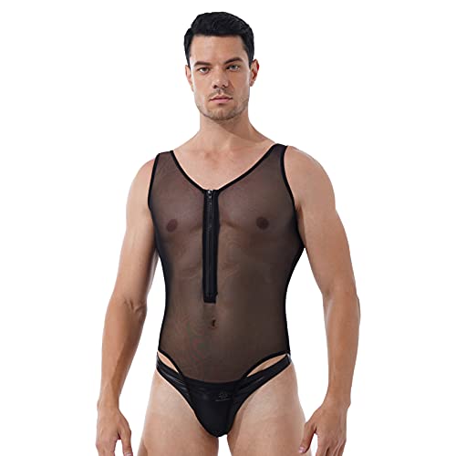 Men's Underwear One Piece Sleeveless Mesh Bodysuit Leotard Mankini Wrestling Singlet