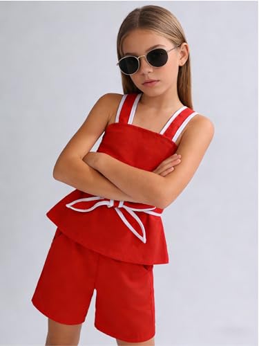 Image of Cakaner Tween Girls 2 Piece Outfit Set Summer Tank Top and Elastic Waist Shorts with Belt Size 7-14