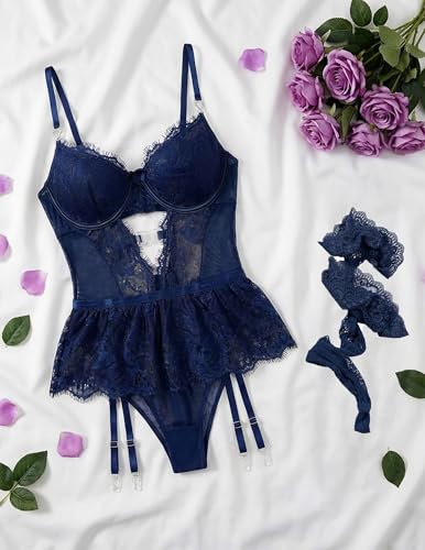 Image of Alrovetoney Women Lingerie Set Naughty Lace Bodysuit High Waisted Underwire Lingerie Babydoll With Garter Belt and Stockings