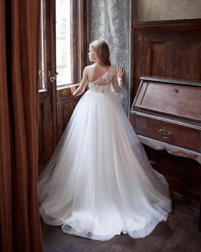GZCYL One Shoulder Flower Girls Dresses Long Sleeves Lace Holy Communion Dress with Train3