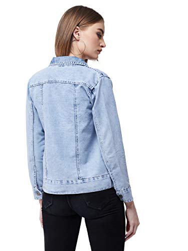 Image of Miss Chase Women's Cotton Blend Collared Full Sleeves Solid Buttoned Short Length Denim Jacket
