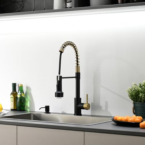 Image of GIMILI Black and Gold Kitchen Faucet with Soap Dispenser Single Hole Pull Down Sprayer LED Faucet, Suitable for Farmhouses, RV, Laundry Room, Outdoor, and Campers. Llave para fregadero de cocina