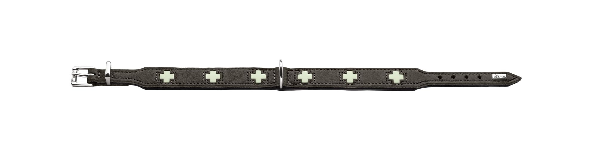 HUNTER Hundehalsband Swiss Glow aus weichem Rindsleder, Fluoreszierende Kreuze leuchten im Dunkeln, handgenäht, Made in Germany, Farbe: steingrau, Größe: 42
