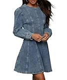 SOMTHRON Women's Long Sleeve Denim Mini Dress Crewneck Ruffle Flare A Line Fall Short Jean Dress BE-XL