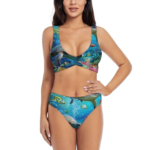 Bikini deux pièces imprimé poissons avec maintien optimal pour femme