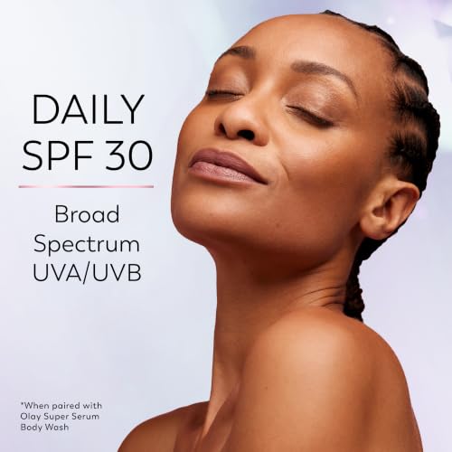 Image of Olay Super Serum Body Lotion, SPF 30, Daily UV Protection, 24hr Long Lasting Hydration, 5+ Ingredient Complex for Bright Even Firm Luminous Skin, Prevents Aging, Peach & Sweet Cream Scent, 17 fl oz