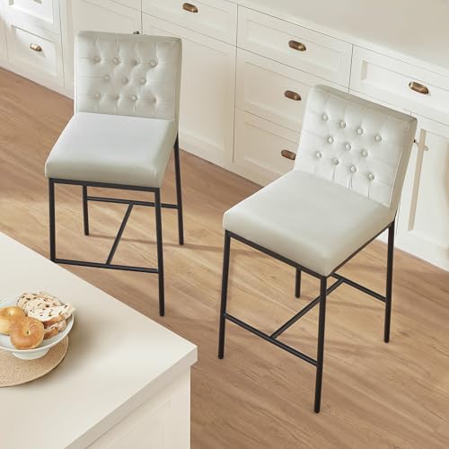 Image of CHITA Modern Bar Stools with Tufted Back Set of 2, 26 inch Counter Height Bar Stool with Metal Legs for Kitchen Island & Dining Room, Ivory Fabric, Black Frame