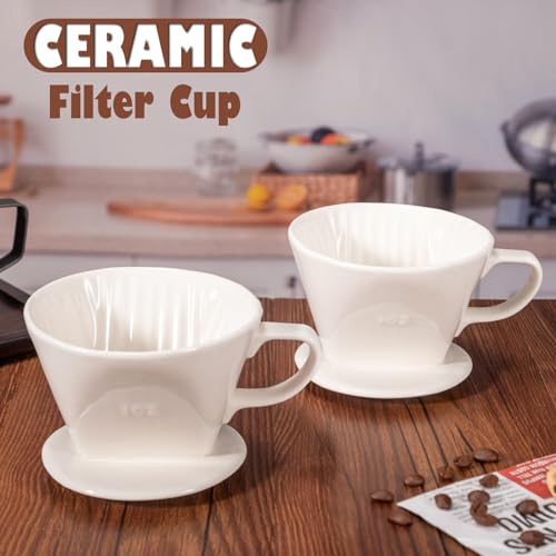 Image of Pour Over Coffee Dripper, Ceramic Pour Over Coffee Maker, White | 3 Holes Flat Bottom, Easy Manual Brew Maker, Porcelain Slow Filter Cone for Travel, Camping, Office, Home