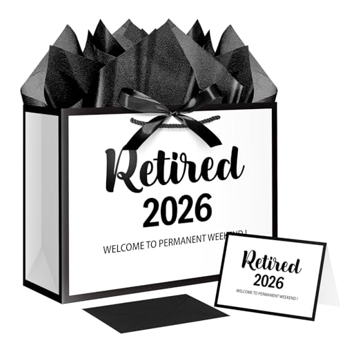 JWSCYSY Large White and Metallic Black Retirement Gift Bag with Tissue Paper, Retired 2026 Gift Bag with Greeting Card for Men Women Retirement Party Decorations Supplies