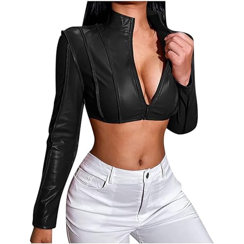 SPSMOKH Chaqueta corta de cuero para mujer, corte ajustado, estilo motociclista, chaqueta corta de piel sintética, abrigo corto, ropa de calle desnuda, traje de club nocturno (negro, S)